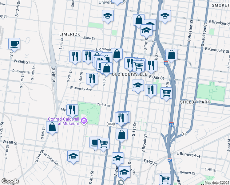 map of restaurants, bars, coffee shops, grocery stores, and more near S 3rd St & W Ormsby Ave in Louisville