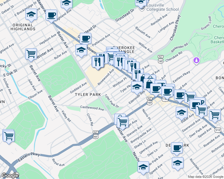map of restaurants, bars, coffee shops, grocery stores, and more near 1361 Tyler Park Drive in Louisville