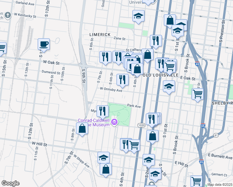 map of restaurants, bars, coffee shops, grocery stores, and more near 512 West Ormsby Avenue in Louisville