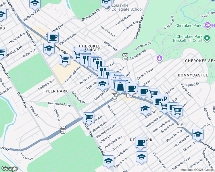 map of restaurants, bars, coffee shops, grocery stores, and more near 1829 Edenside Avenue in Louisville