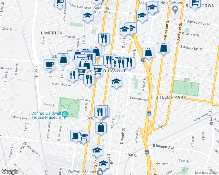 map of restaurants, bars, coffee shops, grocery stores, and more near 125 West Ormsby Avenue in Louisville