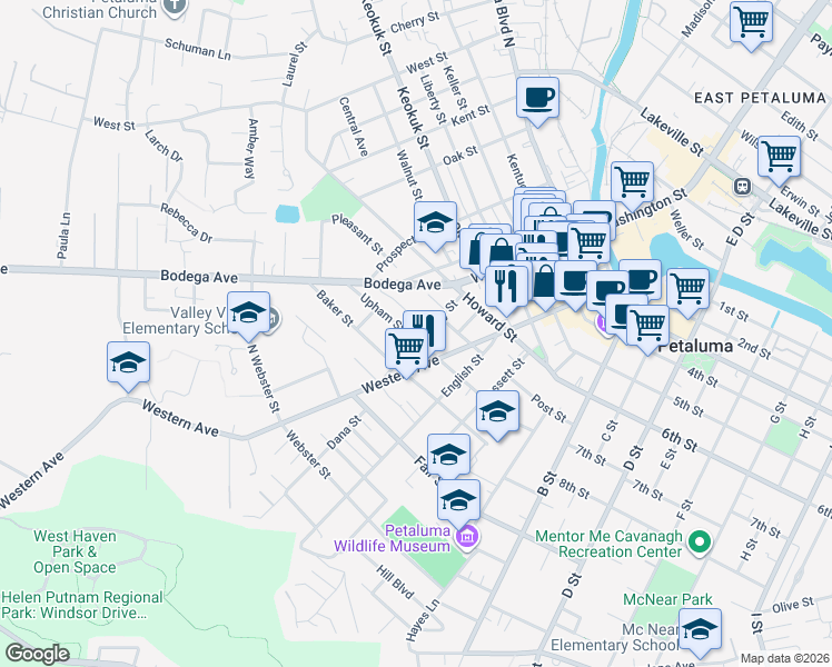 map of restaurants, bars, coffee shops, grocery stores, and more near 414 Upham Street in Petaluma