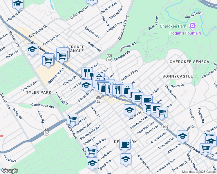 map of restaurants, bars, coffee shops, grocery stores, and more near in Louisville