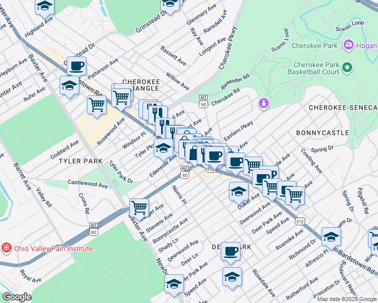 map of restaurants, bars, coffee shops, grocery stores, and more near 2015 Baringer Avenue in Louisville