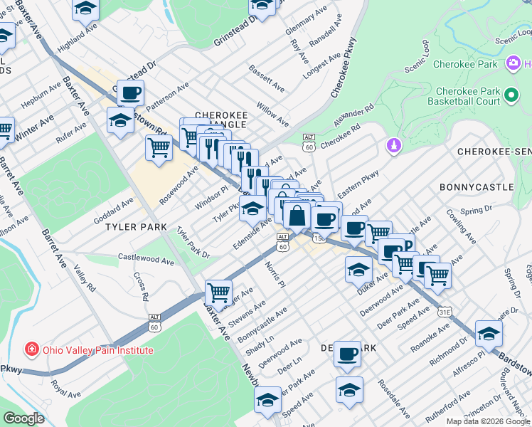map of restaurants, bars, coffee shops, grocery stores, and more near 1401 Bardstown Road in Louisville