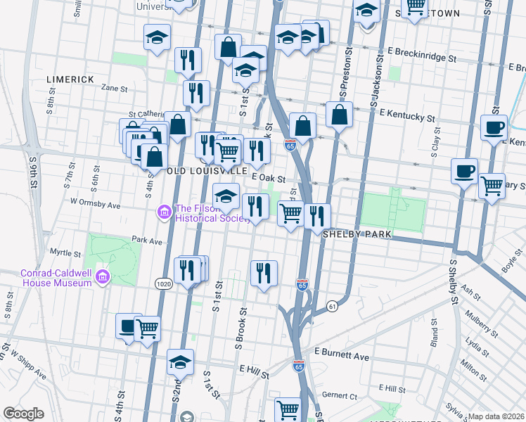 map of restaurants, bars, coffee shops, grocery stores, and more near 1223 South Brook Street in Louisville