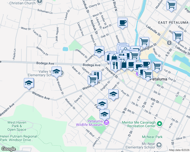 map of restaurants, bars, coffee shops, grocery stores, and more near 414 Upham Street in Petaluma