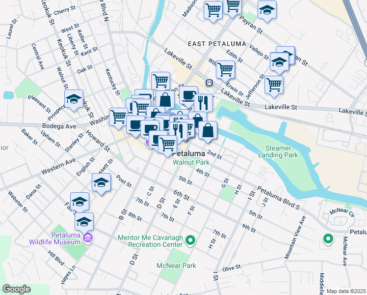 map of restaurants, bars, coffee shops, grocery stores, and more near 141 2nd Street in Petaluma