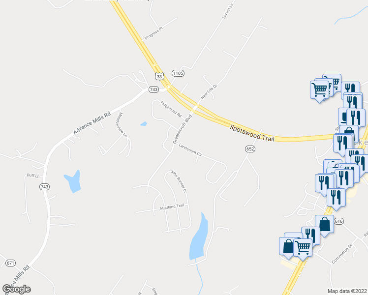 map of restaurants, bars, coffee shops, grocery stores, and more near 56 Larchmont Circle in Ruckersville