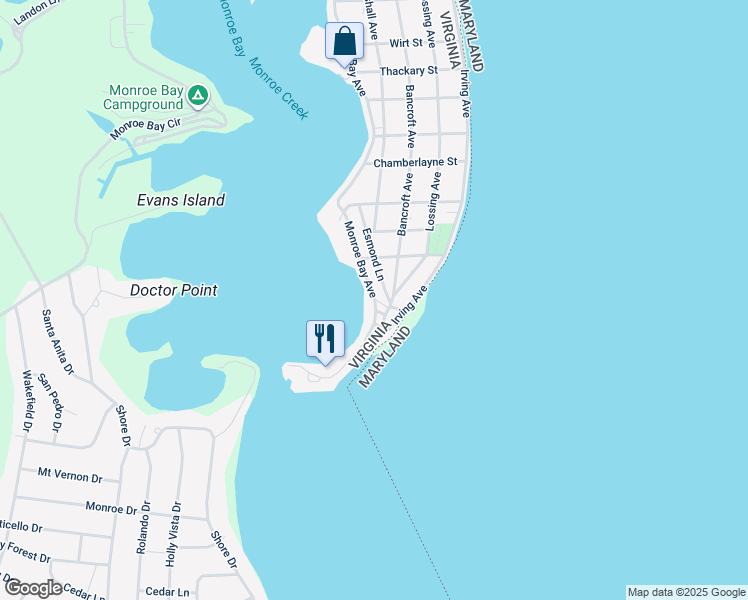 map of restaurants, bars, coffee shops, grocery stores, and more near 1323 Monroe Bay Avenue in Colonial Beach