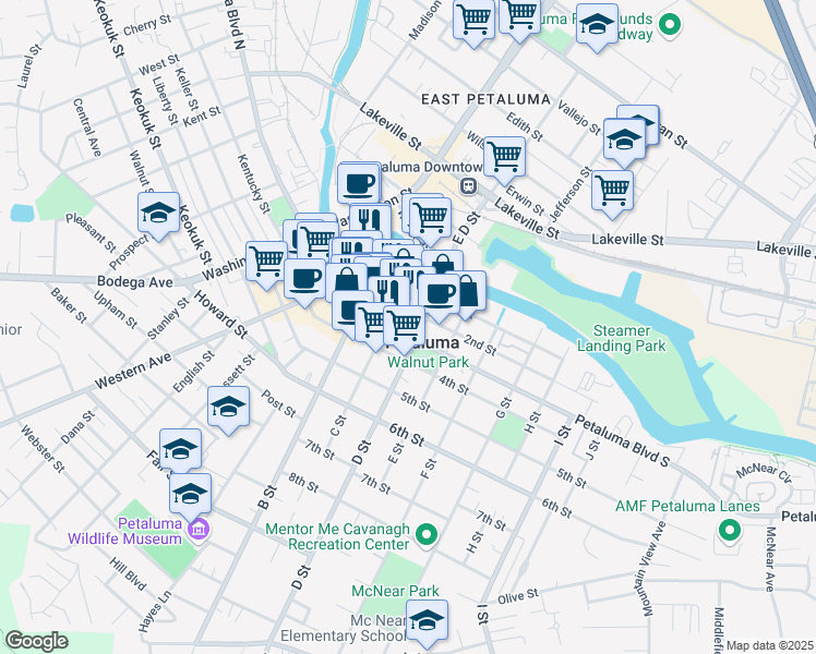 map of restaurants, bars, coffee shops, grocery stores, and more near 141 2nd Street in Petaluma