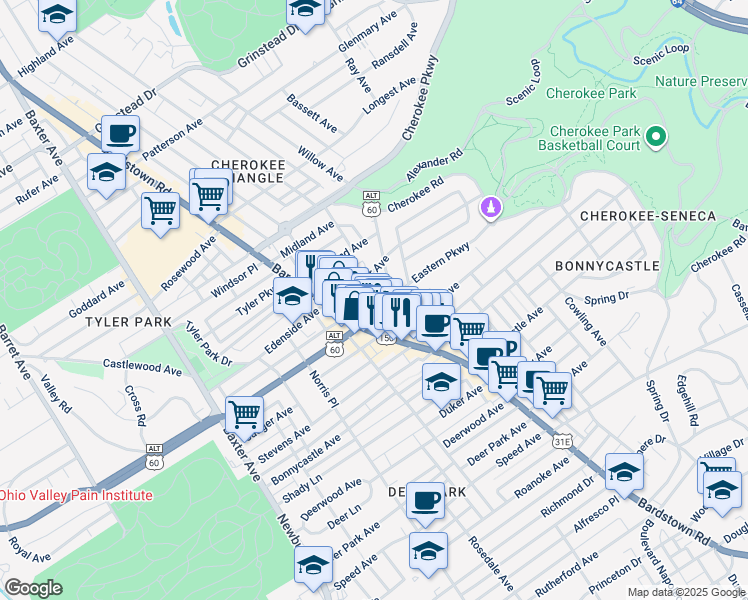 map of restaurants, bars, coffee shops, grocery stores, and more near in Louisville