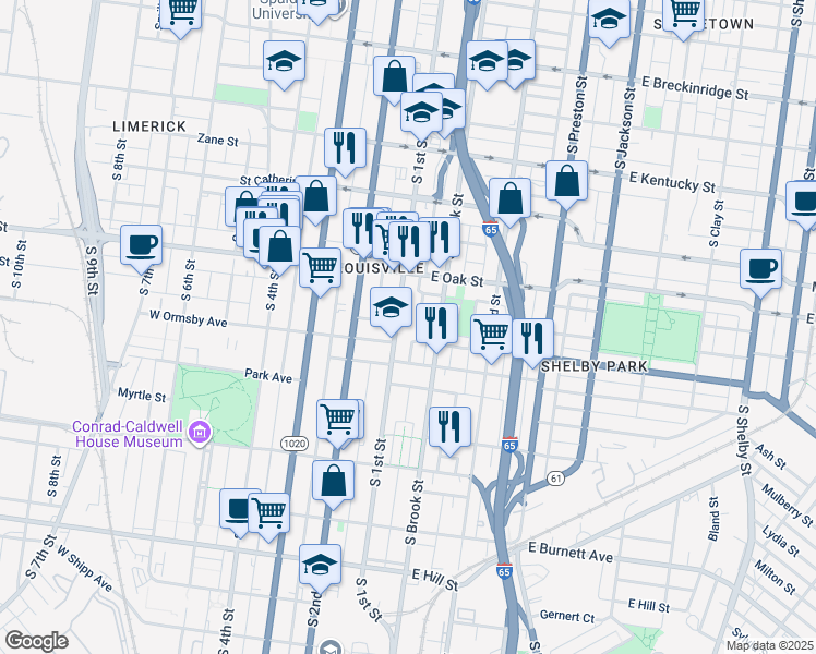 map of restaurants, bars, coffee shops, grocery stores, and more near 1225 South 1st Street in Louisville