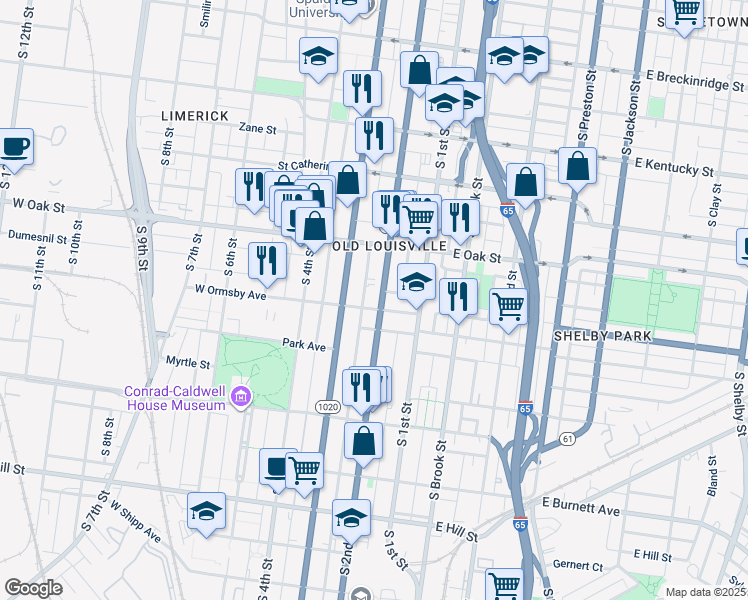 map of restaurants, bars, coffee shops, grocery stores, and more near 1234 South 2nd Street in Louisville