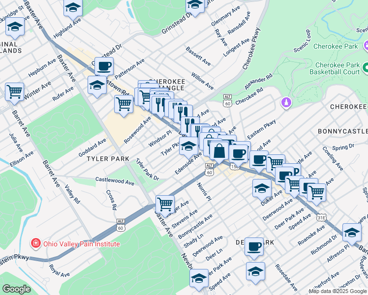 map of restaurants, bars, coffee shops, grocery stores, and more near 1839 Edgeland Avenue in Louisville