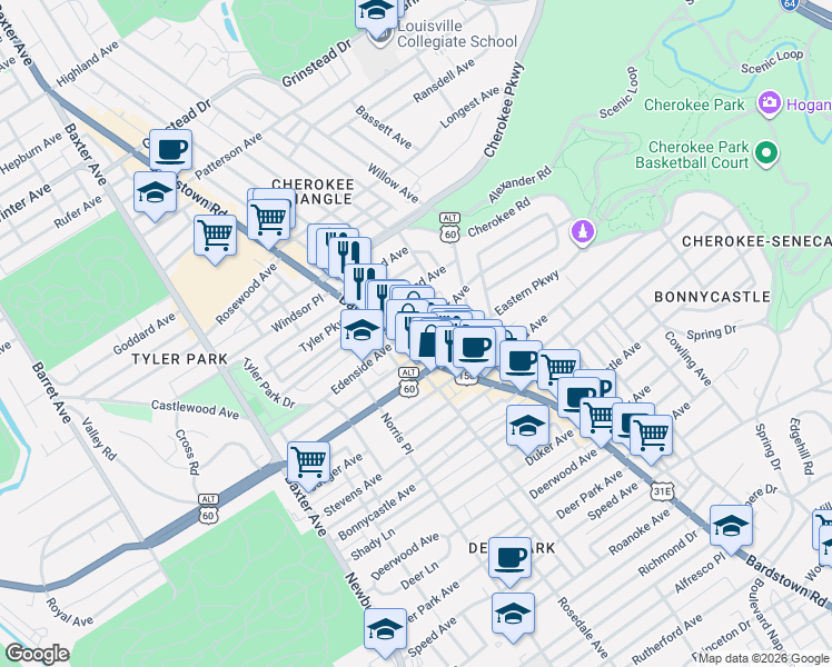 map of restaurants, bars, coffee shops, grocery stores, and more near 2015 Baringer Avenue in Louisville