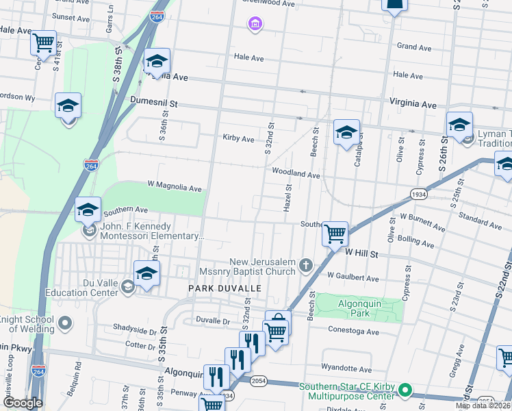 map of restaurants, bars, coffee shops, grocery stores, and more near 1431 South 32nd Street in Louisville