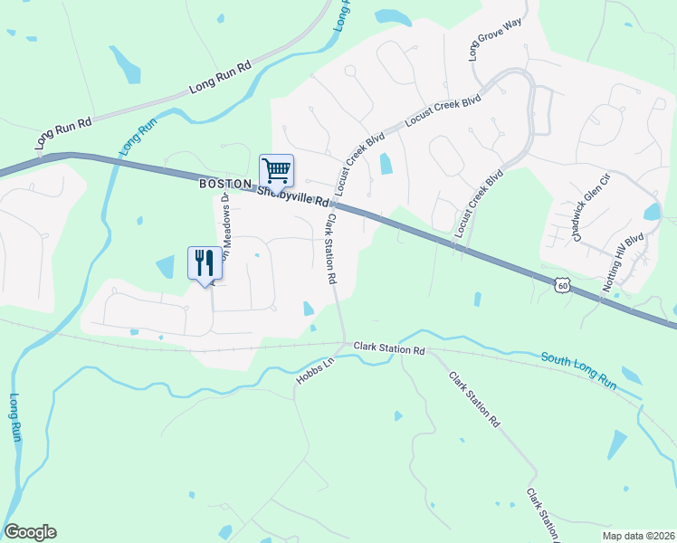 map of restaurants, bars, coffee shops, grocery stores, and more near 203 Clark Station Road in Louisville