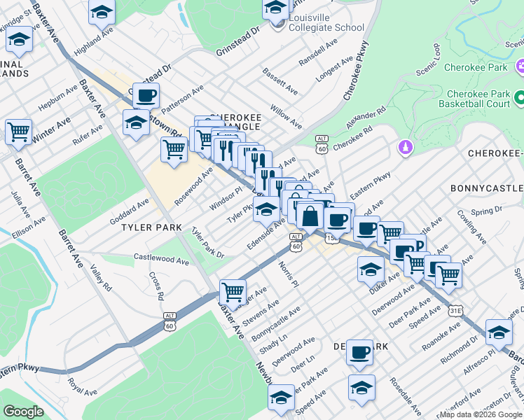 map of restaurants, bars, coffee shops, grocery stores, and more near 1831 Tyler Parkway in Louisville
