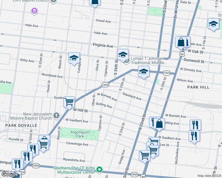 map of restaurants, bars, coffee shops, grocery stores, and more near 2602 Woodland Avenue in Louisville