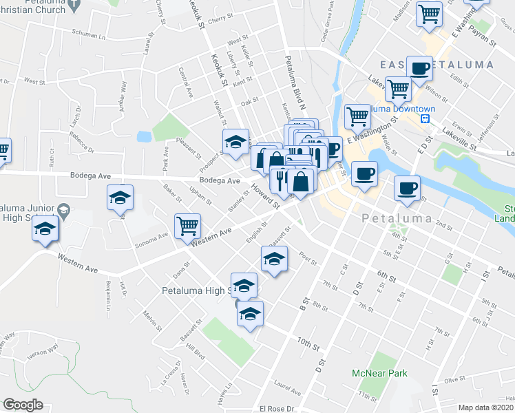 map of restaurants, bars, coffee shops, grocery stores, and more near 19 Stanley Street in Petaluma