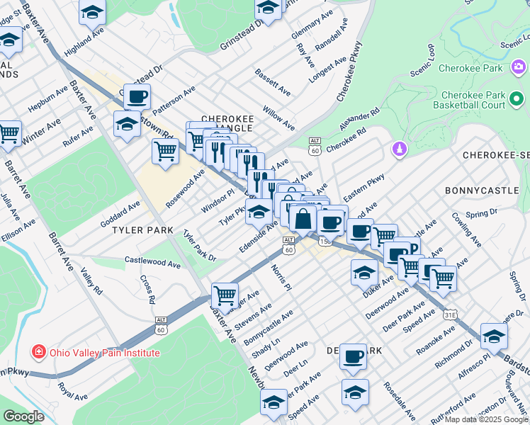 map of restaurants, bars, coffee shops, grocery stores, and more near 1401 Bardstown Road in Louisville