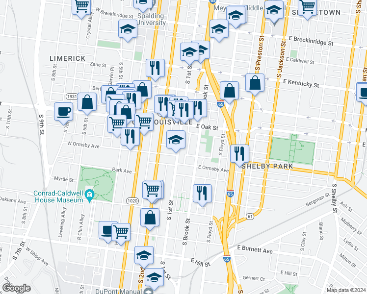 map of restaurants, bars, coffee shops, grocery stores, and more near 1225 South 1st Street in Louisville