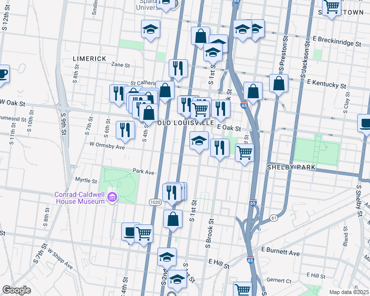 map of restaurants, bars, coffee shops, grocery stores, and more near 1233 South 2nd Street in Louisville