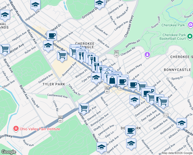 map of restaurants, bars, coffee shops, grocery stores, and more near Edgeland Ave in Louisville