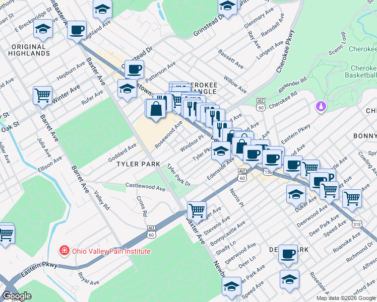 map of restaurants, bars, coffee shops, grocery stores, and more near 1802 Windsor Place in Louisville