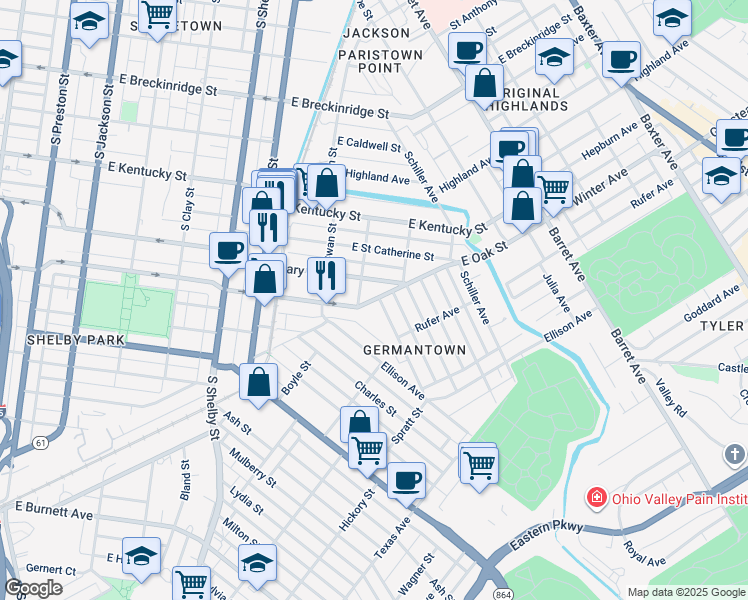 map of restaurants, bars, coffee shops, grocery stores, and more near 1124 Reutlinger Avenue in Louisville