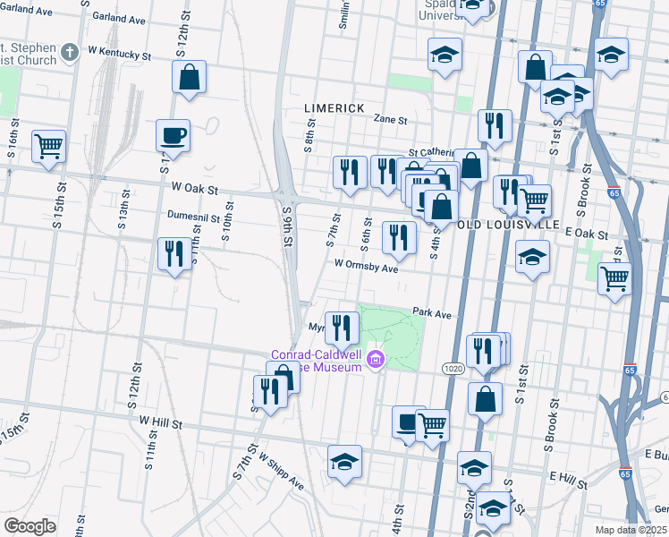map of restaurants, bars, coffee shops, grocery stores, and more near 633 West Ormsby Avenue in Louisville