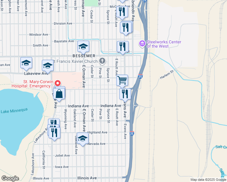 map of restaurants, bars, coffee shops, grocery stores, and more near 508 Minnequa Avenue in Pueblo
