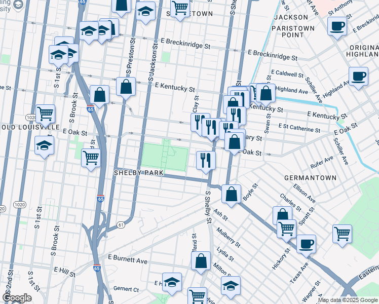 map of restaurants, bars, coffee shops, grocery stores, and more near 1227 South Clay Street in Louisville