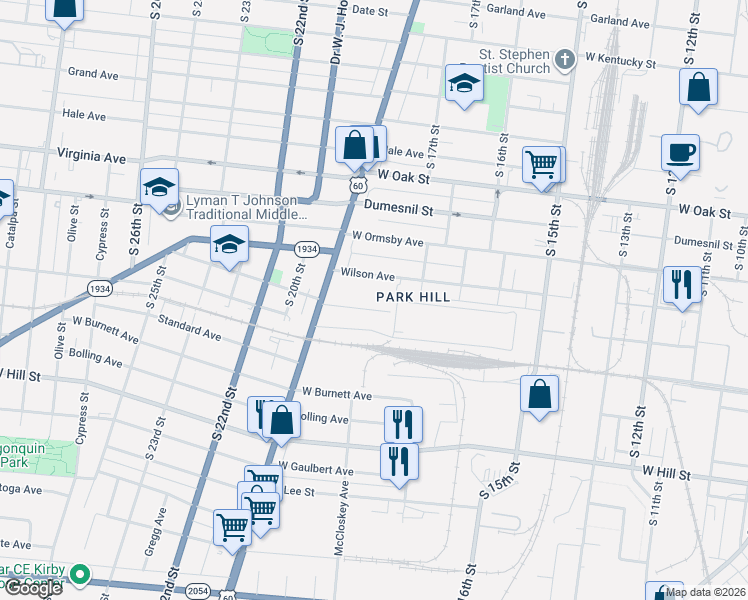 map of restaurants, bars, coffee shops, grocery stores, and more near 1782 Wilson Avenue in Louisville
