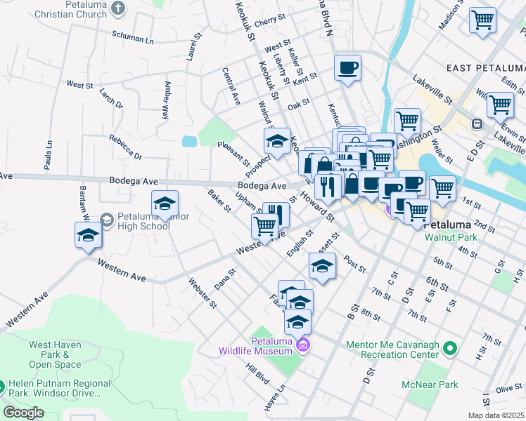 map of restaurants, bars, coffee shops, grocery stores, and more near 414 Upham Street in Petaluma