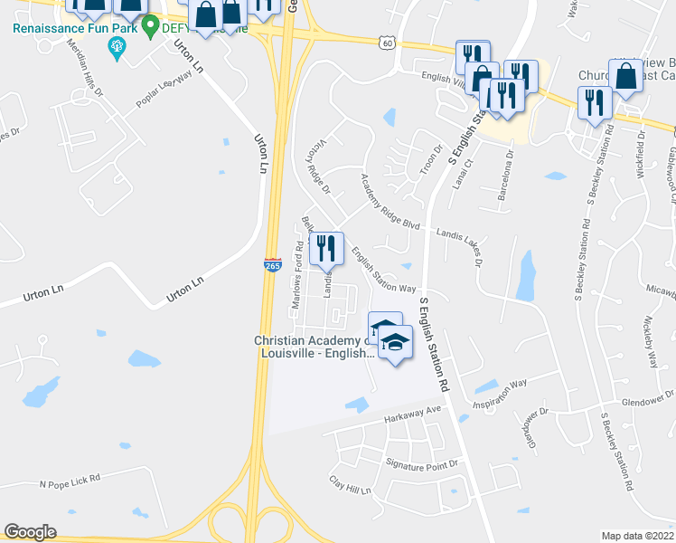 map of restaurants, bars, coffee shops, grocery stores, and more near 700 Landis Ridge Drive in Louisville