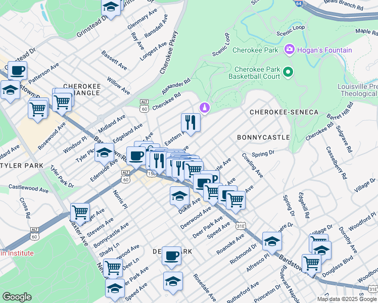 map of restaurants, bars, coffee shops, grocery stores, and more near 2075 Sherwood Avenue in Louisville