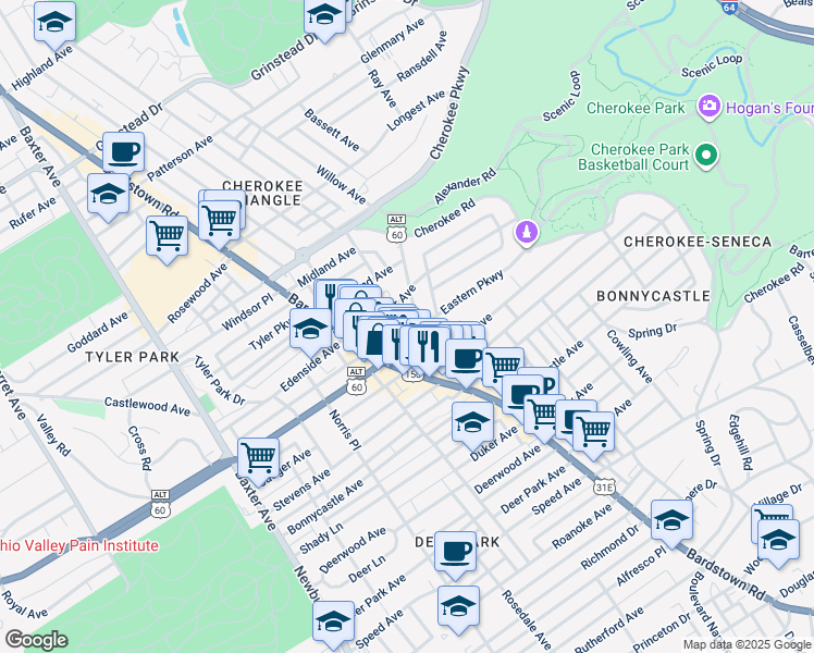 map of restaurants, bars, coffee shops, grocery stores, and more near 1418 Willow Avenue in Louisville