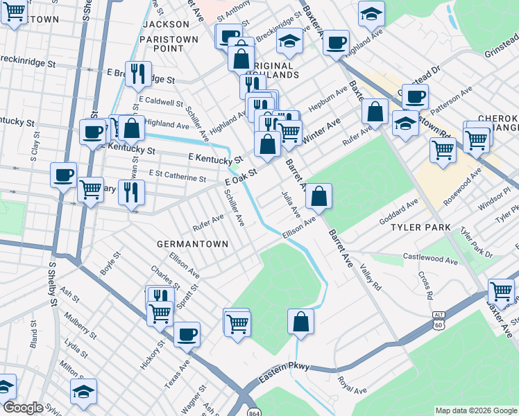 map of restaurants, bars, coffee shops, grocery stores, and more near 1141 East Oak Street in Louisville