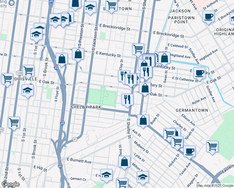 map of restaurants, bars, coffee shops, grocery stores, and more near 708 East Oak Street in Louisville