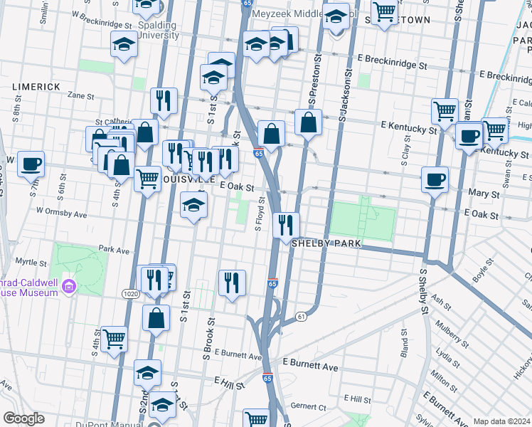 map of restaurants, bars, coffee shops, grocery stores, and more near 1220 South Floyd Street in Louisville