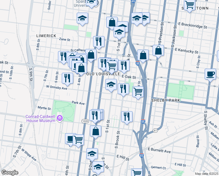 map of restaurants, bars, coffee shops, grocery stores, and more near 1233 South 2nd Street in Louisville