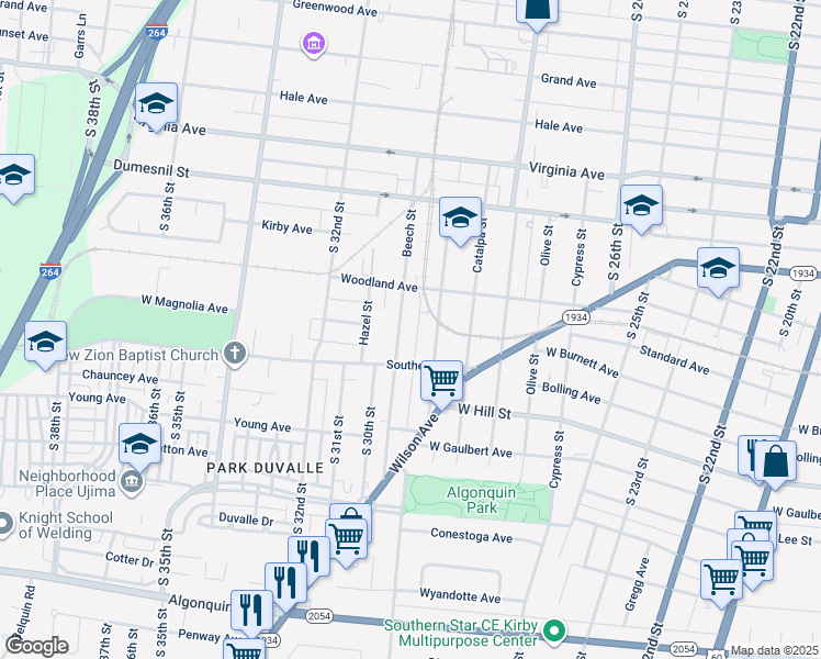 map of restaurants, bars, coffee shops, grocery stores, and more near 1419 Beech Street in Louisville