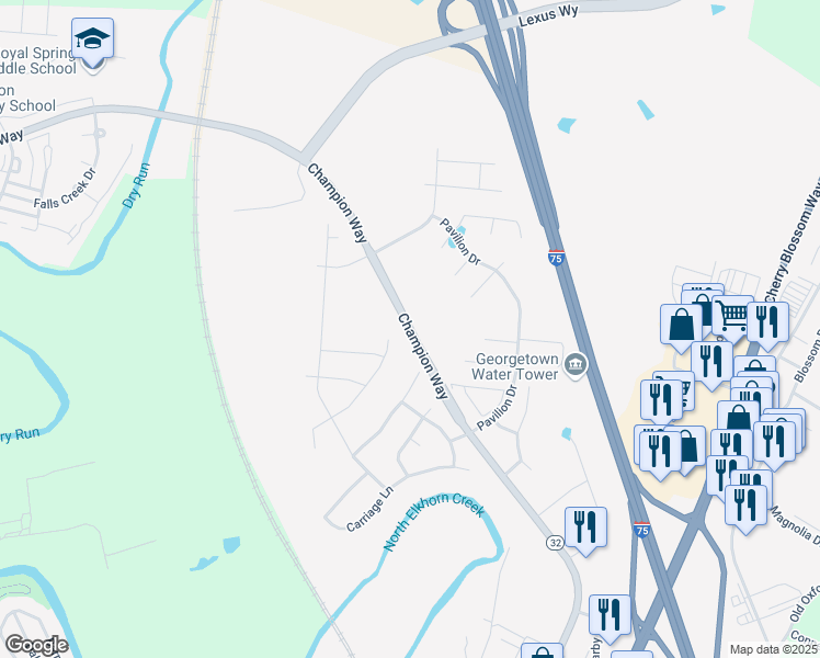 map of restaurants, bars, coffee shops, grocery stores, and more near Champion Way in Georgetown