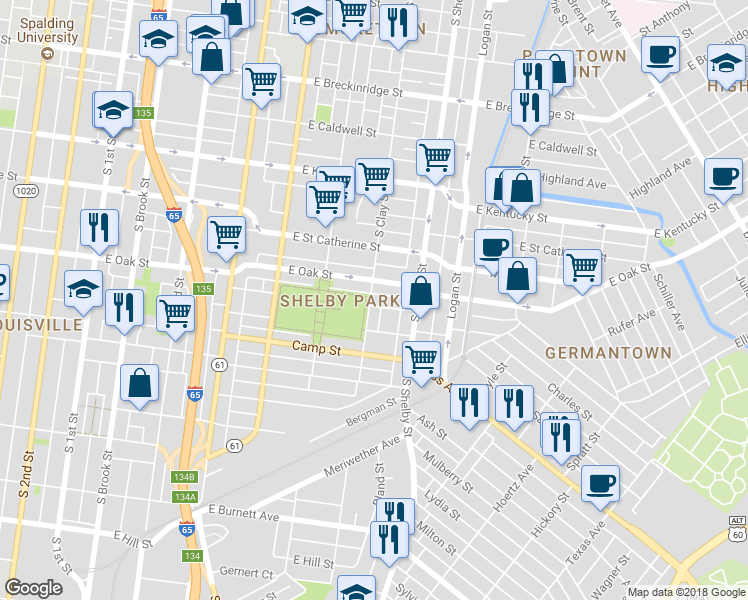 map of restaurants, bars, coffee shops, grocery stores, and more near 1227 South Clay Street in Louisville