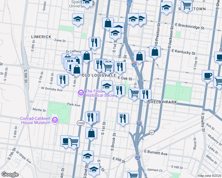 map of restaurants, bars, coffee shops, grocery stores, and more near 1237 South 1st Street in Louisville