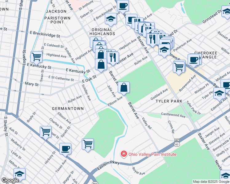 map of restaurants, bars, coffee shops, grocery stores, and more near 1122 Barret Avenue in Louisville