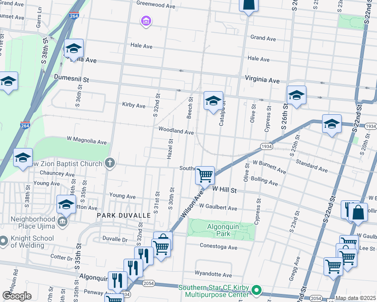 map of restaurants, bars, coffee shops, grocery stores, and more near 1419 Beech Street in Louisville