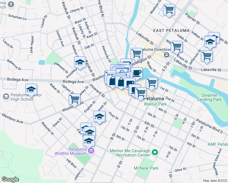 map of restaurants, bars, coffee shops, grocery stores, and more near 101 Western Avenue in Petaluma